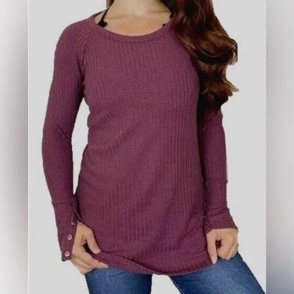 CHASER Large Mulberry Wine Maroon Waffle Knit Button Cuff Thermal Layering Top - Picture 2 of 8